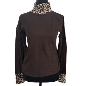 Vintage Blueprint One Size Brown Knit Top with Textured Leopard Trim